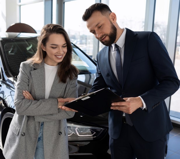 Mężczyzna tłumaczy kobiecie zasady ubezpieczenia